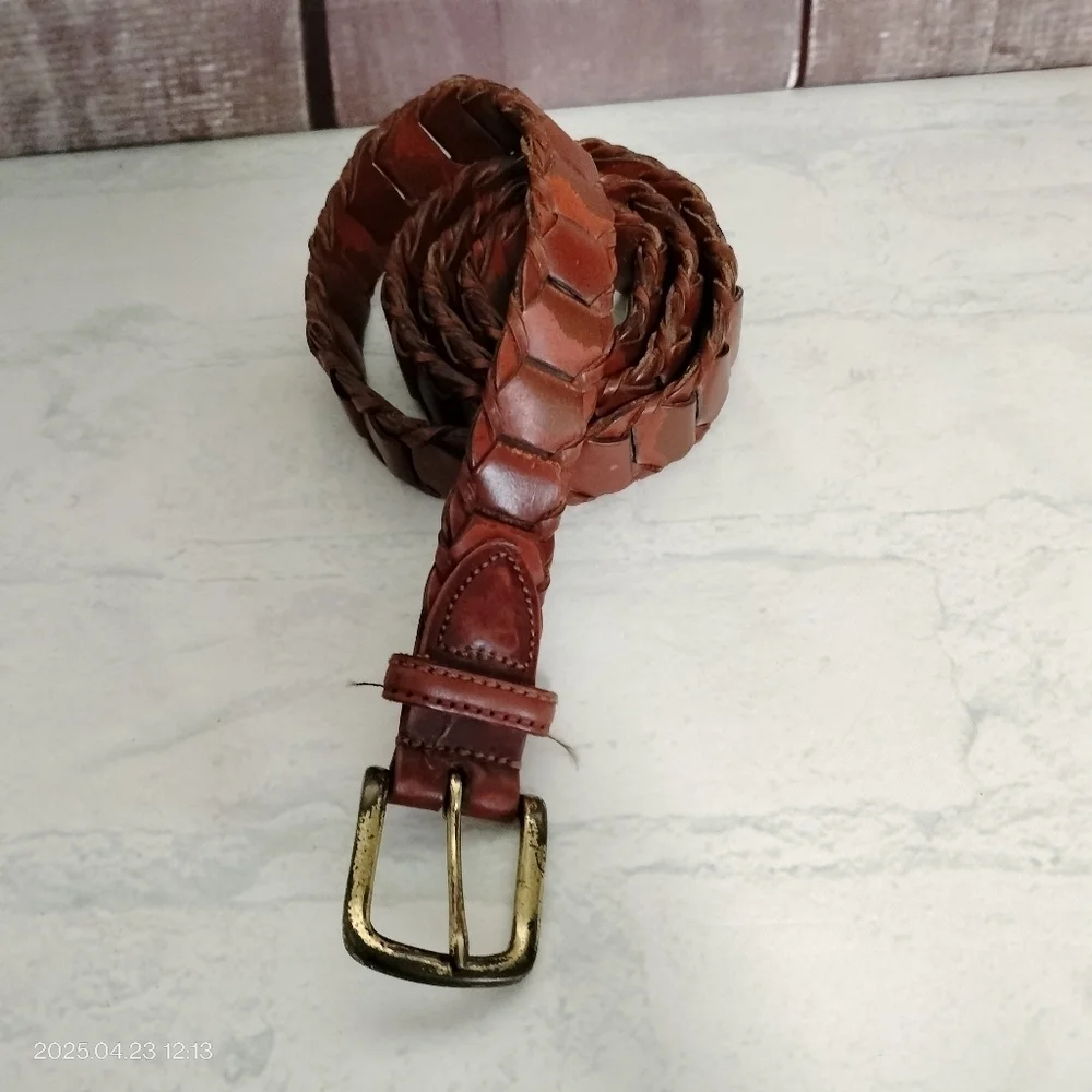 Genuine Leather Men's Brown Belt 38 Rectangular Braided With Solid Brass Buckle